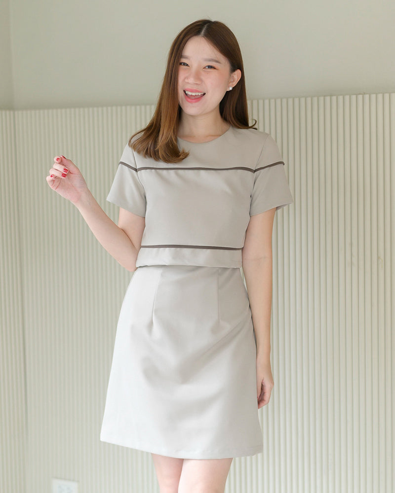Sani Dress 圓領幼線拼色仿兩件連身裙 - Light Brown 淺啡色 (CB587)