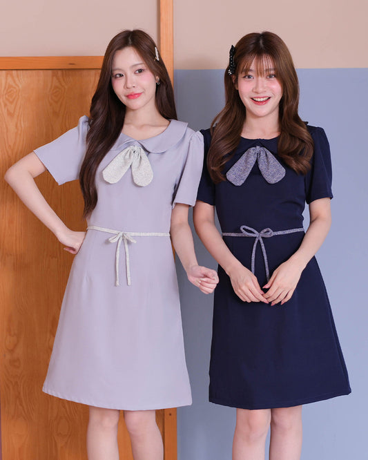 Esther Dress - 拼色小蝴蝶結領口連身裙- Navy 深藍色 (CB693)