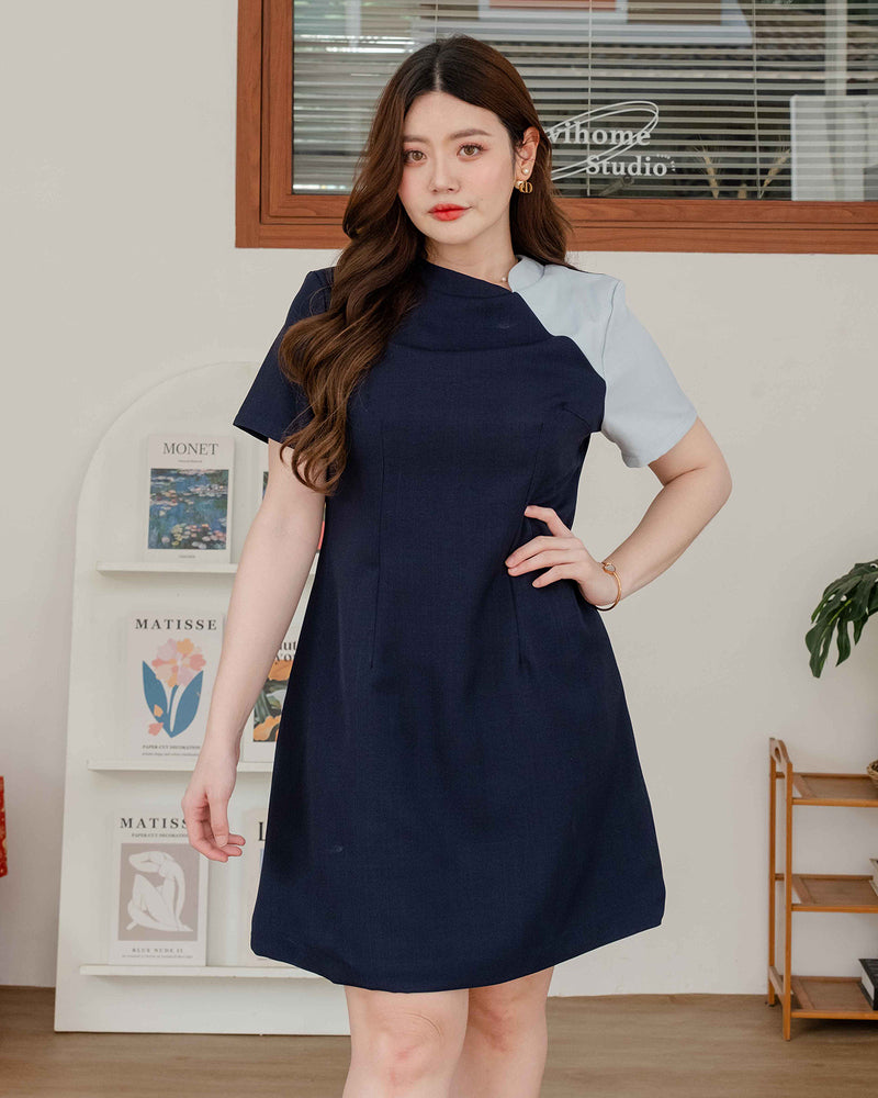 Yorada Dress 拼色短袖A字連身裙 -  Navy 深藍色 (CB608)