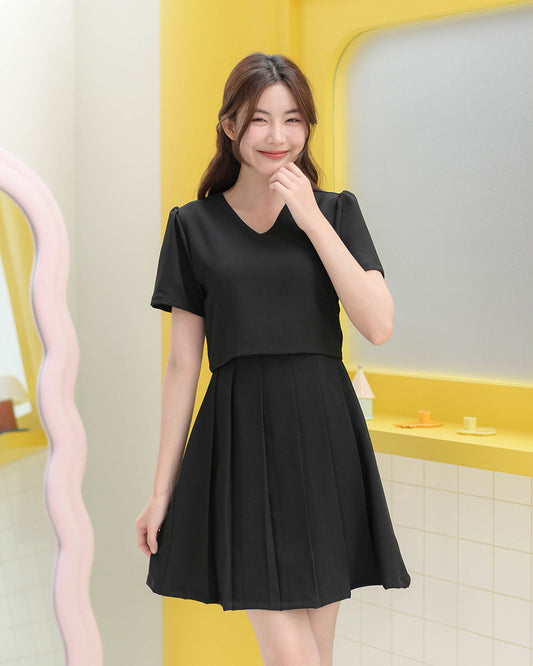 CB686 Mira Dress - 仿兩件百褶連身裙- Black 黑色