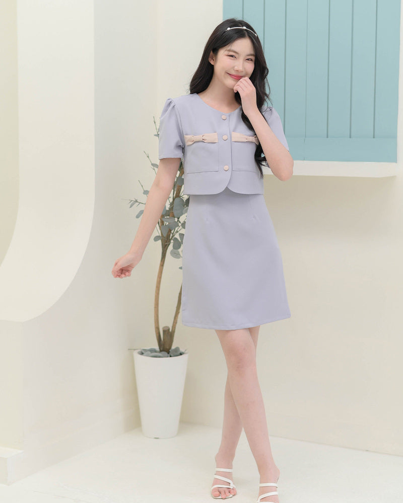 Bomin Dress -氣質仿兩件套裝連身裙- Grey Blue 灰藍色 (CB689)
