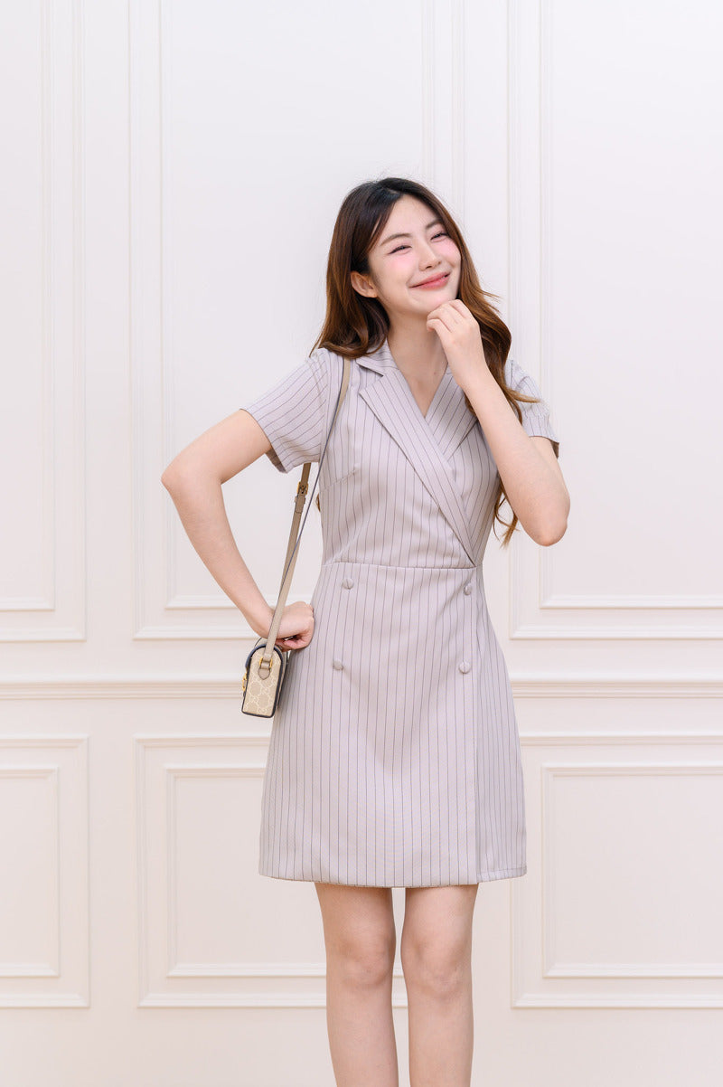 Tori Dress 間條西裝V領連身裙-  Beige 米色 (CB684)