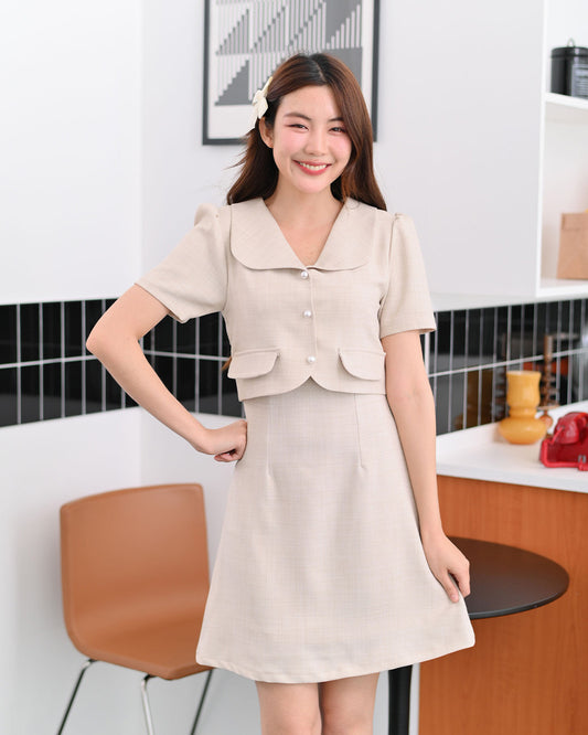 Fiona Dress -可愛仿兩件麻質套裝連身裙- Beige 米色 (CB691)