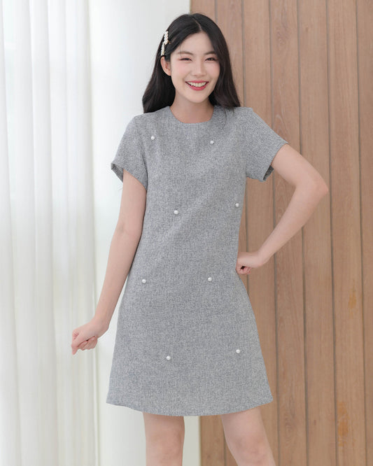 Anda Dress -秋冬配搭珍珠配飾圓領連身裙- Grey 灰色 (CB688)
