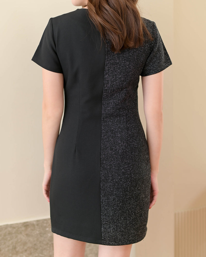 Rikura Dress  拼色格子V領短袖連身裙 - Black 黑色 (CB590)