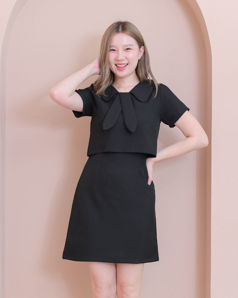 Andi Dress 小領呔圓領仿兩件短袖連身裙-  Black 黑色 (CB599)