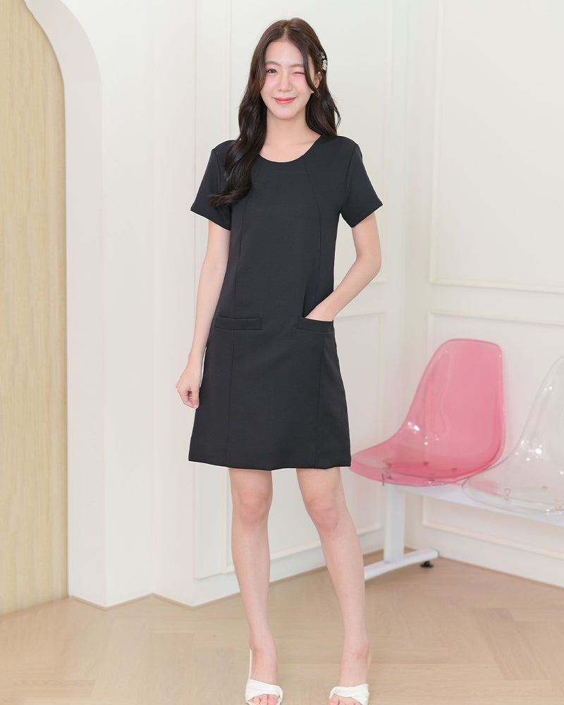 Meyou Dress 純色前口袋修身連身裙-  Black 黑色 (CB681)