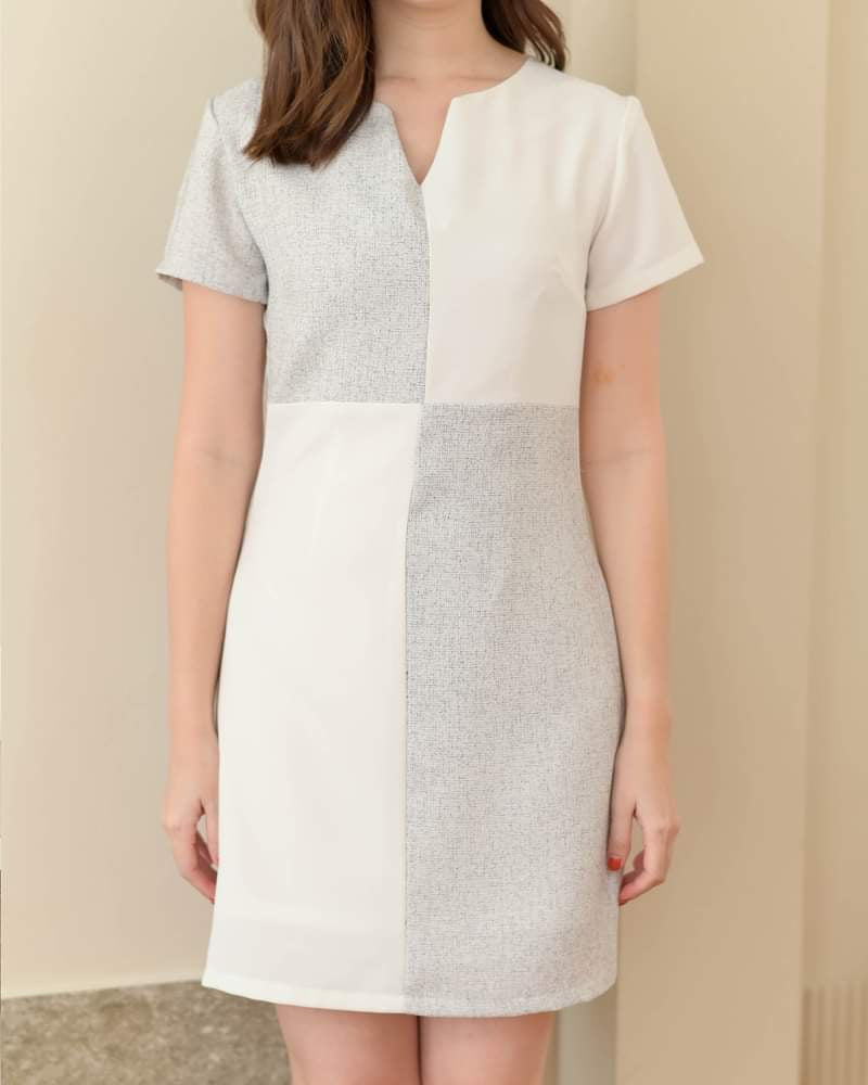 Rikura Dress  拼色格子V領短袖連身裙 - White Gray 白灰色 (CB590)