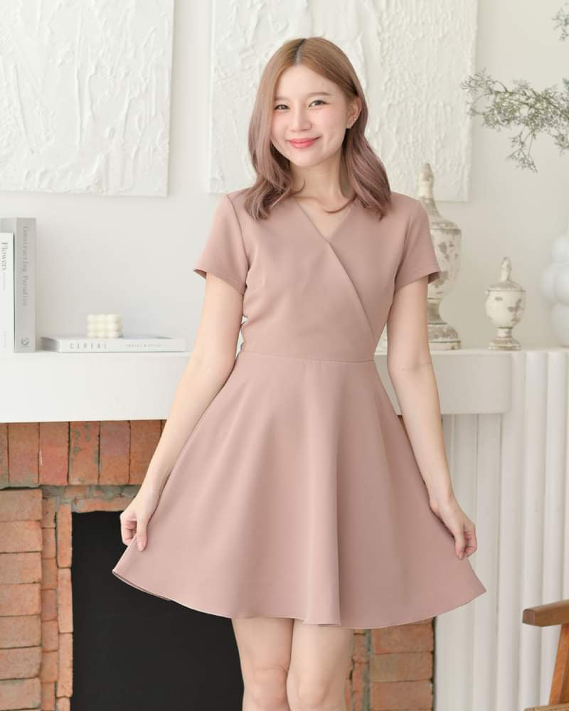 Jasmine Dress 純色疊領短袖貼身傘型連身裙 - Rosy Brown 粉棕色  (CB593)