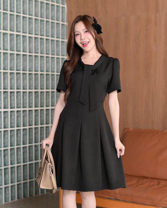 My Ada Dress  小領呔修腰長裙 -Black 黑色 (CB701)