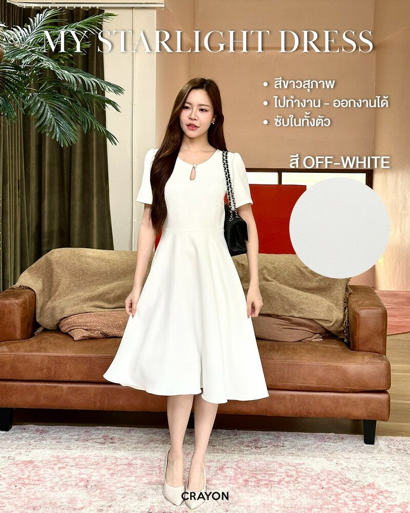 My Starlight Dress  圓領貴氣泡泡袖修腰長裙- White 白色 (CB702)