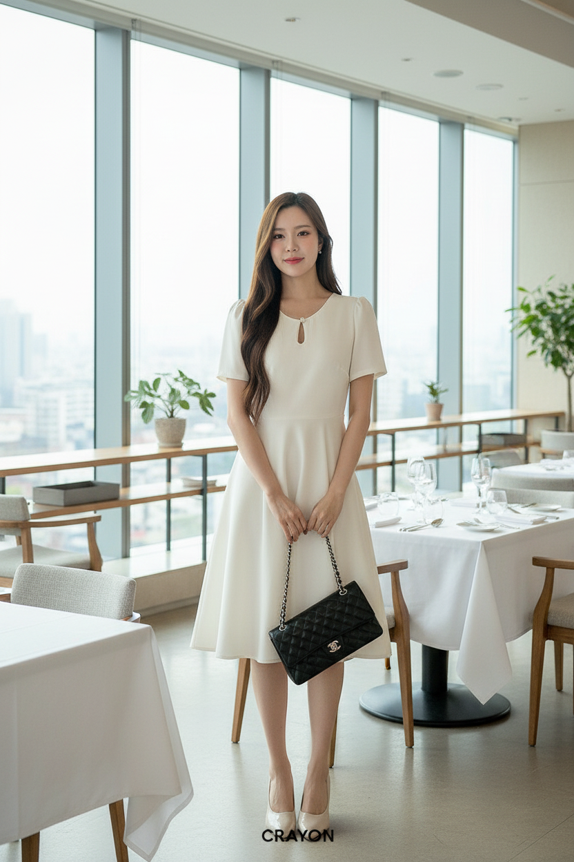 My Starlight Dress  圓領貴氣泡泡袖修腰長裙- White 白色 (CB702)