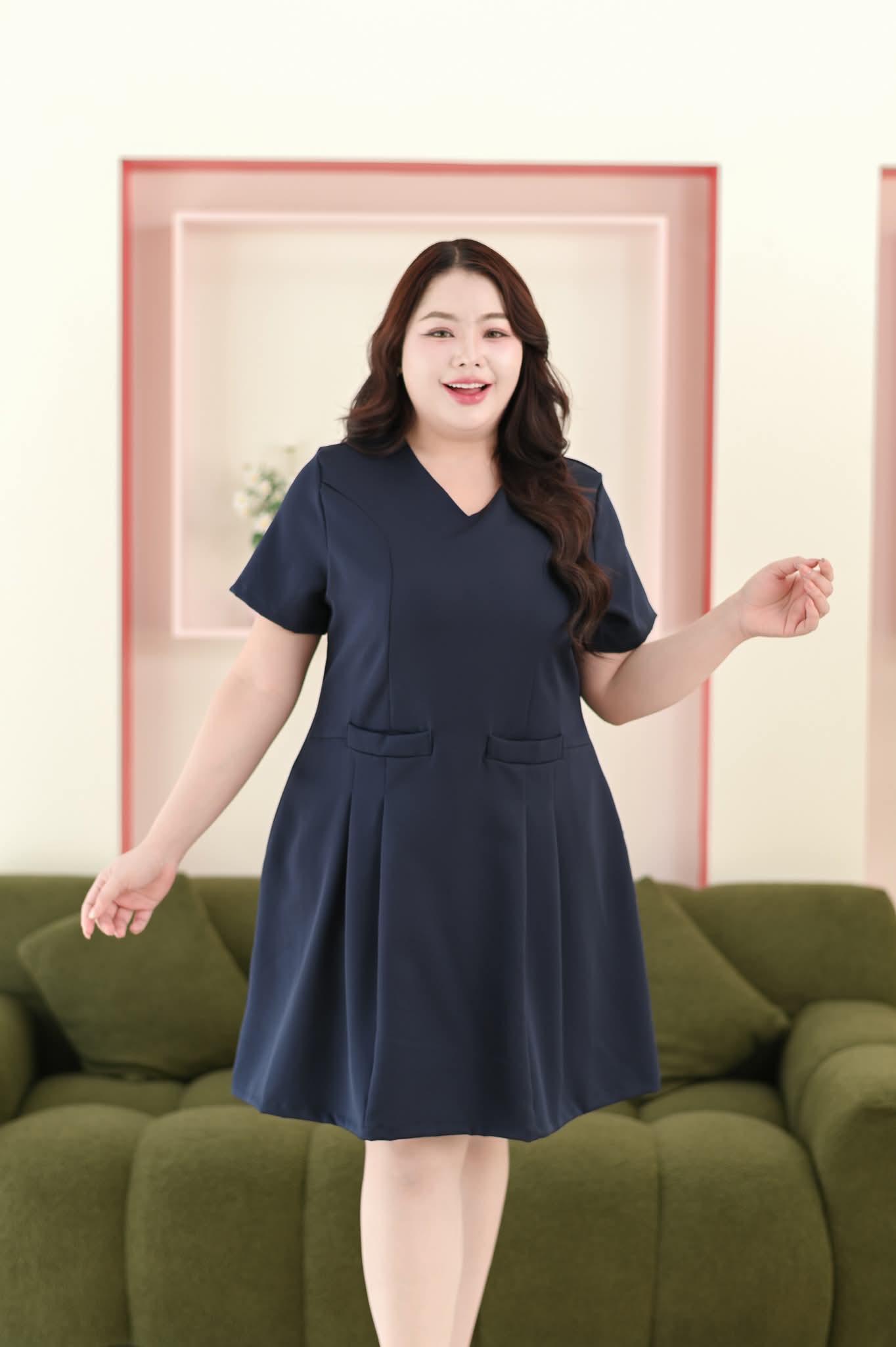 Barry Dress V領雙袋短袖百褶裙 - Navy 深藍色 (CB685-Oversize)