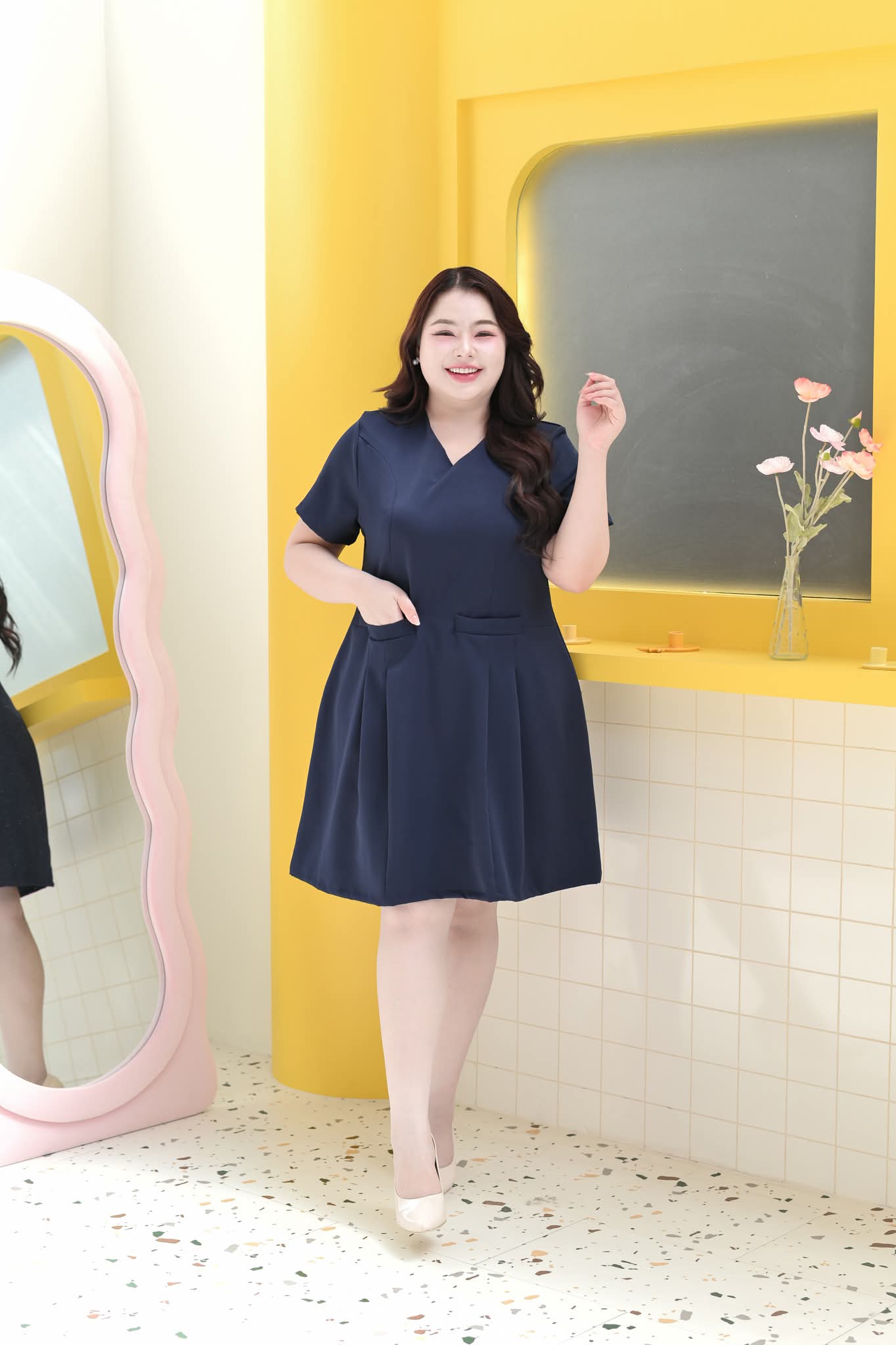 Barry Dress V領雙袋短袖百褶裙 - Navy 深藍色 (CB685-Oversize)
