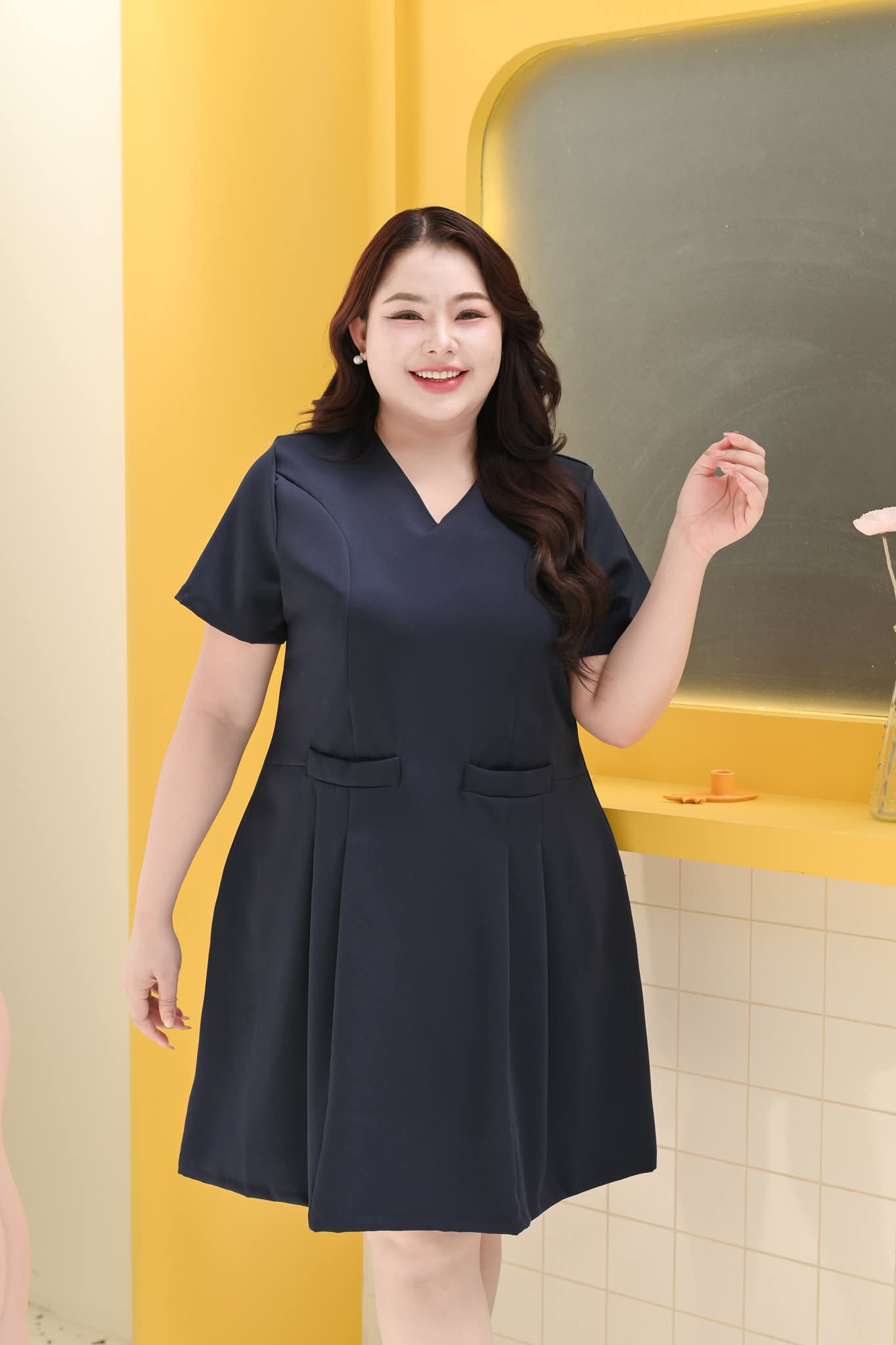 Barry Dress V領雙袋短袖百褶裙 - Navy 深藍色 (CB685-Oversize)