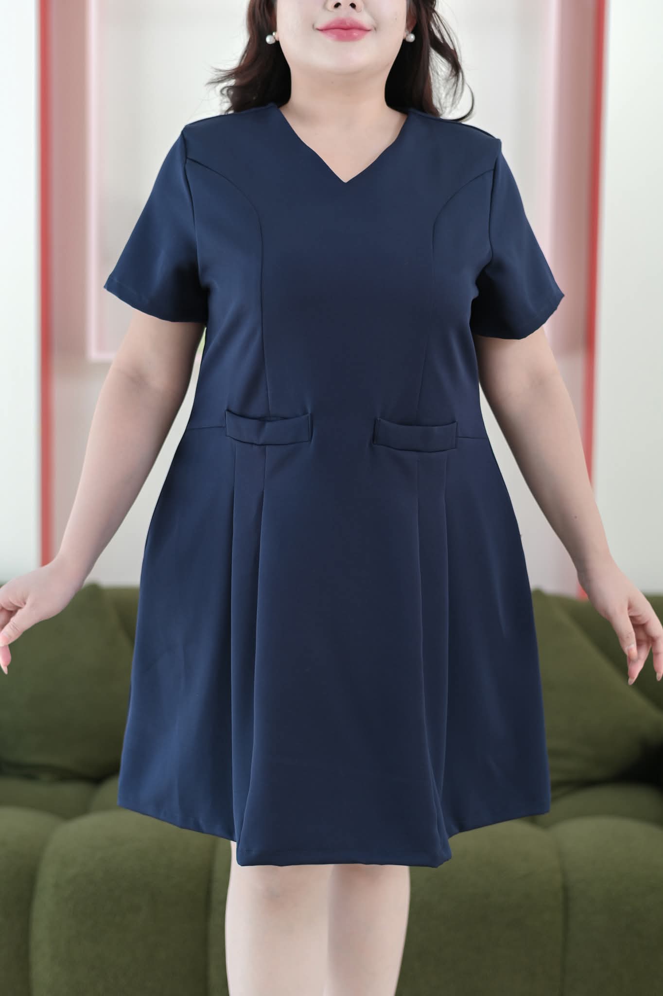 Barry Dress V領雙袋短袖百褶裙 - Navy 深藍色 (CB685-Oversize)