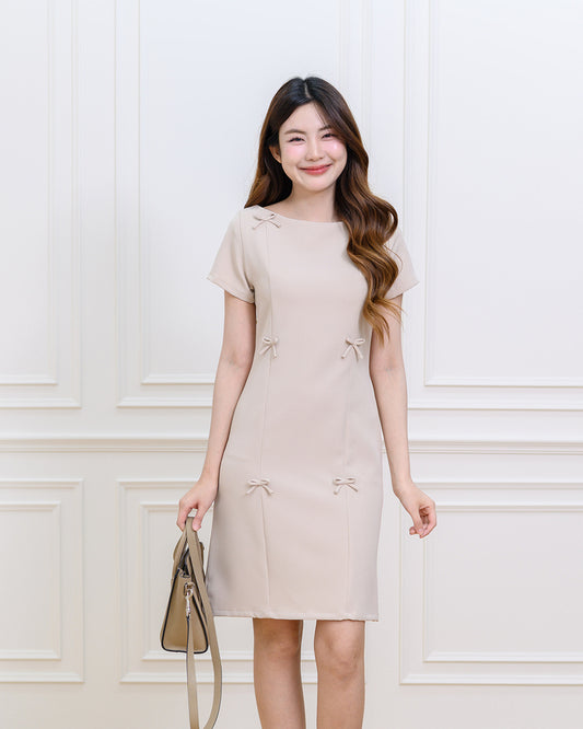Bobby Dress 高領蝴蝶修身連身裙裙 - Cream 杏色 (CB708)