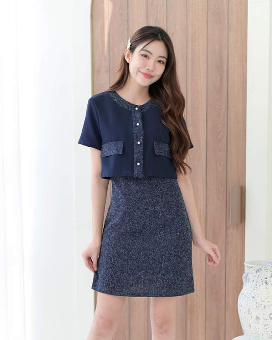 Finza Dress 圓領拼色假兩件外套短袖連身裙 - Navy 海藍色 (CB597)