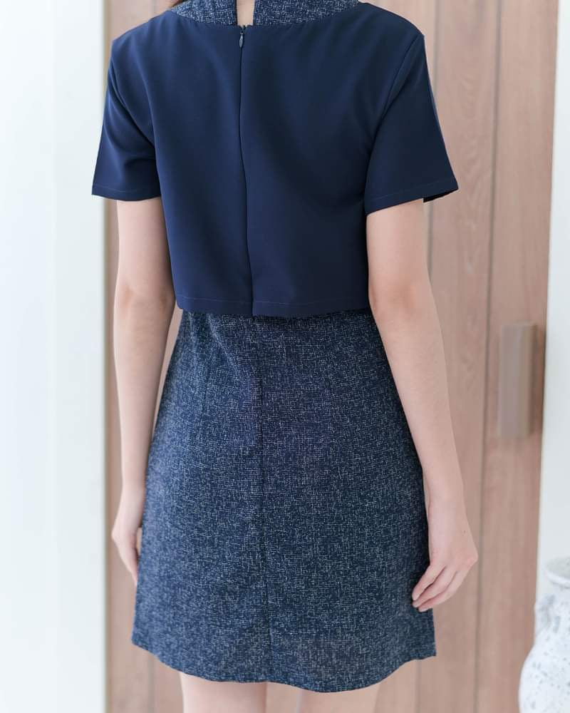 Finza Dress 圓領拼色假兩件外套短袖連身裙 - Navy 海藍色 (CB597)