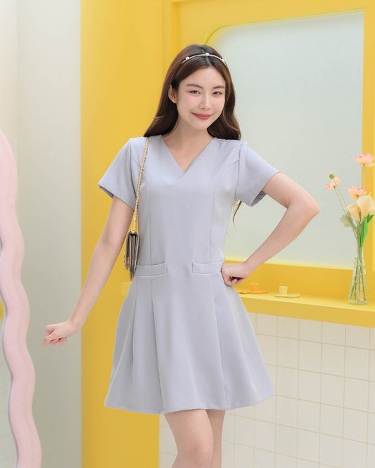CB685 Barry Dress V領雙袋短袖百褶裙 - Grey Purple 灰紫色