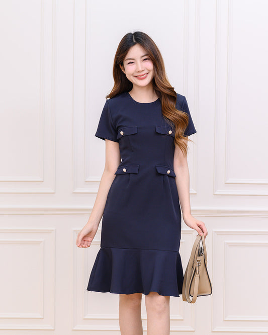 Yuna Dress 圓領修腰魚尾連身裙- Navy 深藍色(CB712, oversize)
