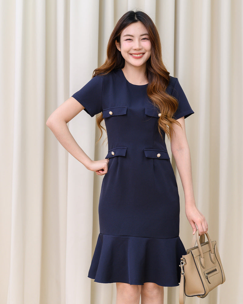 Yuna Dress 圓領修腰魚尾連身裙- Navy 深藍色(CB712, oversize)