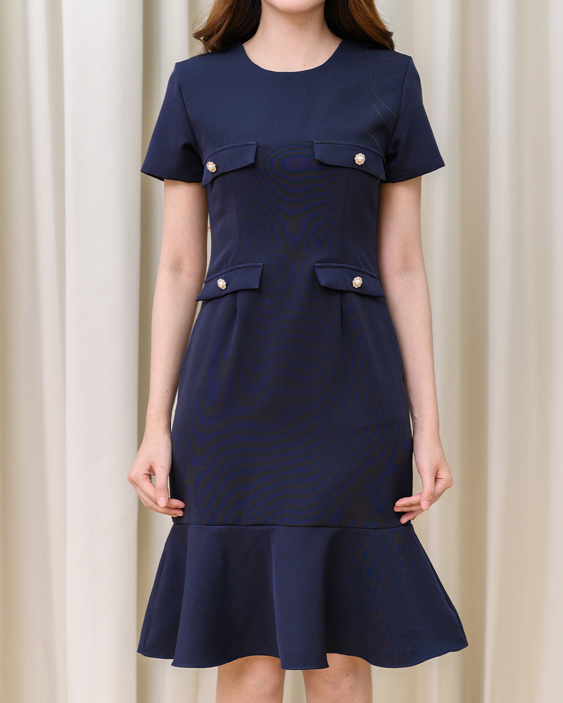 Yuna Dress 圓領修腰魚尾連身裙- Navy 深藍色(CB712, oversize)