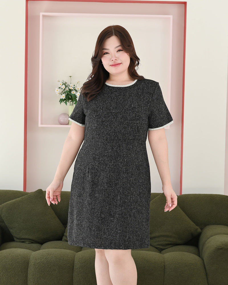 CB609 Benzy Dress 圓領拼色小香風修腰A字連身裙 - Black 黑色 (Oversized)