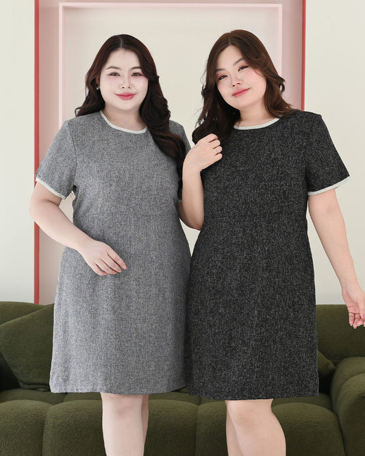 CB609 Benzy Dress 圓領拼色小香風修腰A字連身裙 - Black 黑色 (Oversized)