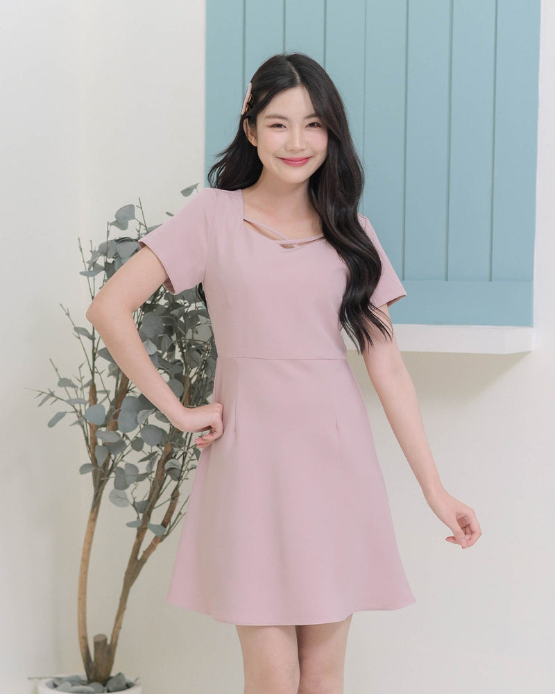 Sofia Dress 縷空領口連身傘裙-  Pink 粉紅色 (CB646)