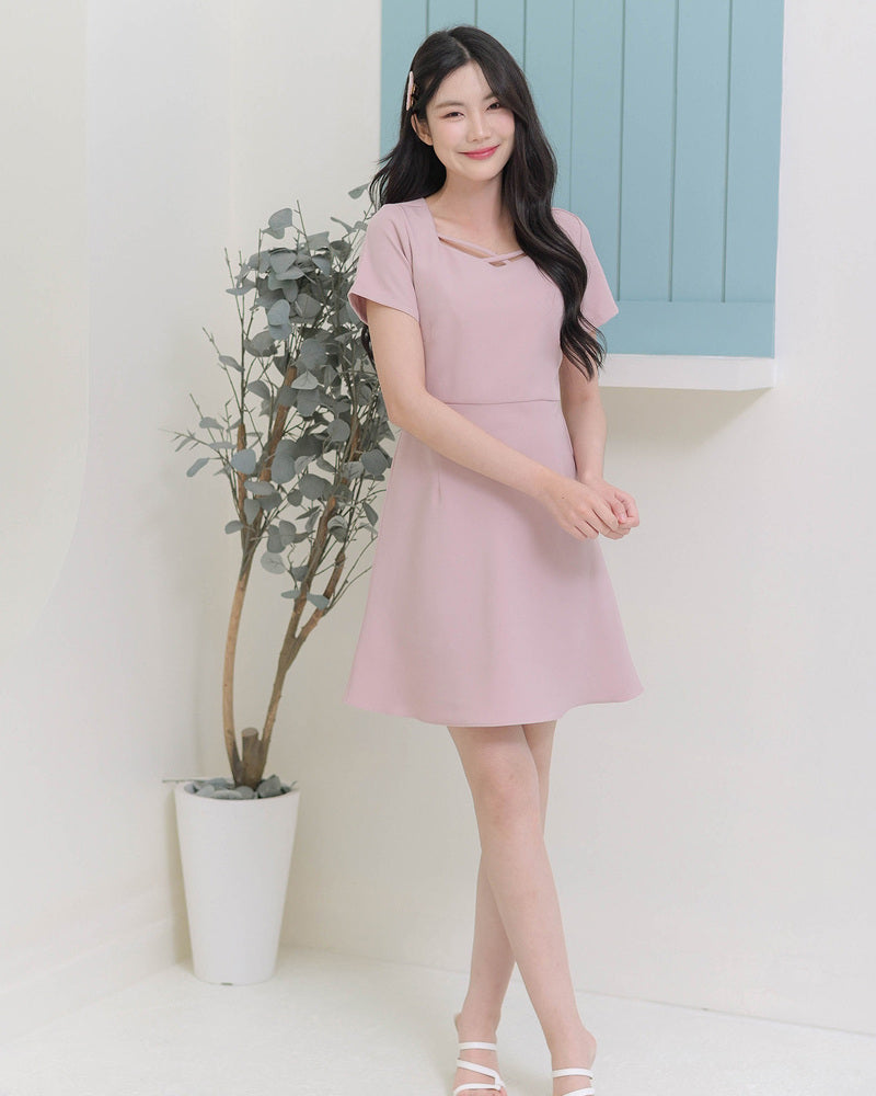 Sofia Dress 縷空領口連身傘裙-  Pink 粉紅色 (CB646)