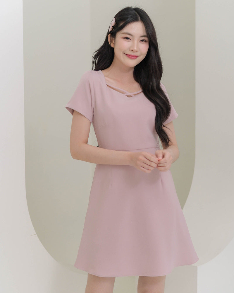 Sofia Dress 縷空領口連身傘裙-  Pink 粉紅色 (CB646)