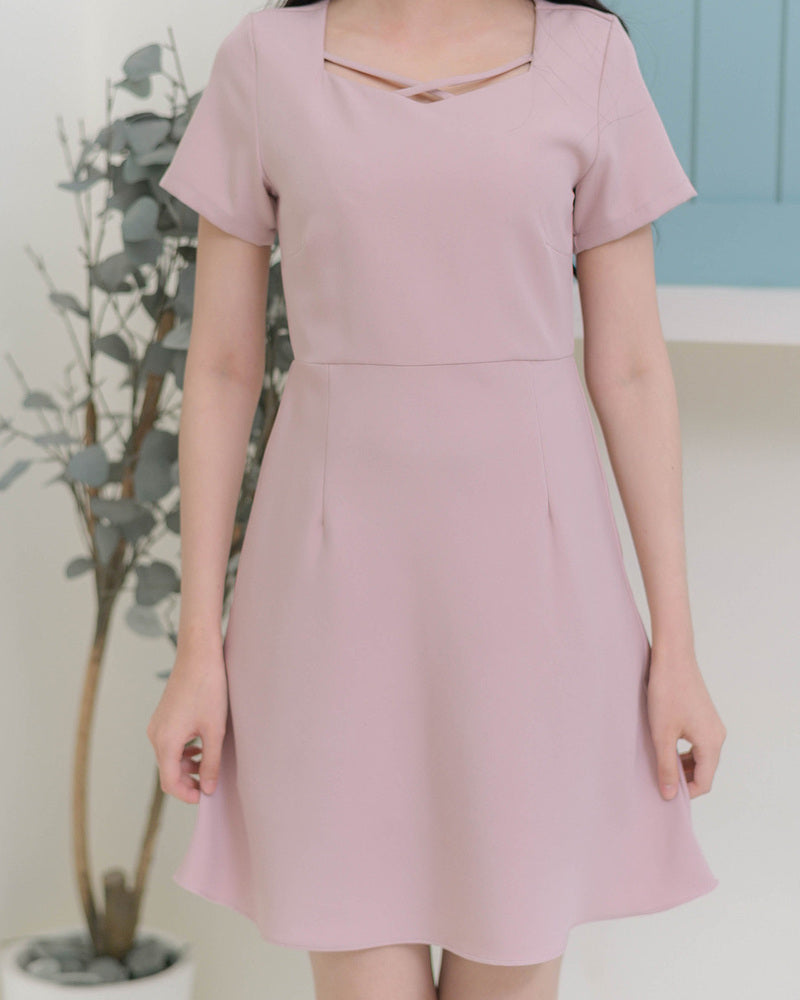 Sofia Dress 縷空領口連身傘裙-  Pink 粉紅色 (CB646)