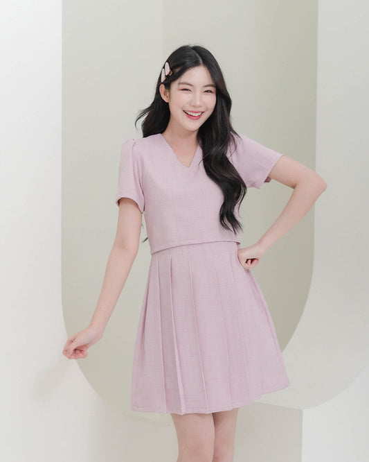 CB686 Mira Dress - 仿兩件百褶連身裙- Pink 粉紅色