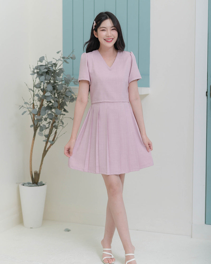 CB686 Mira Dress - 仿兩件百褶連身裙- Pink 粉紅色