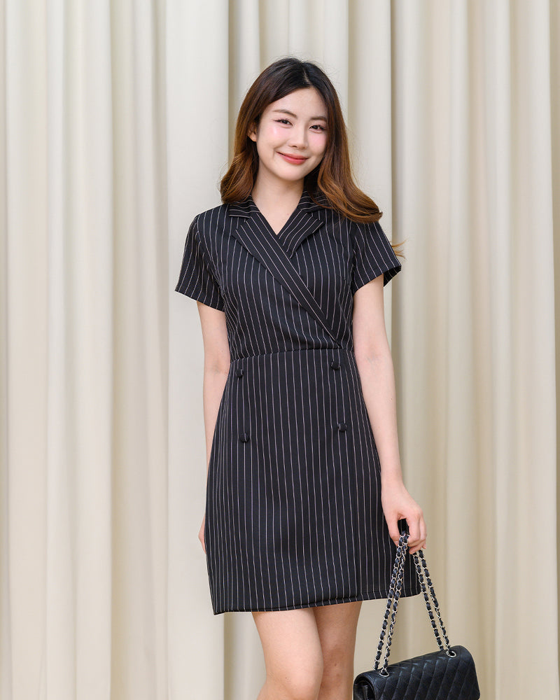Tori Dress 間條西裝V領連身裙-  Black 黑色 (CB684)