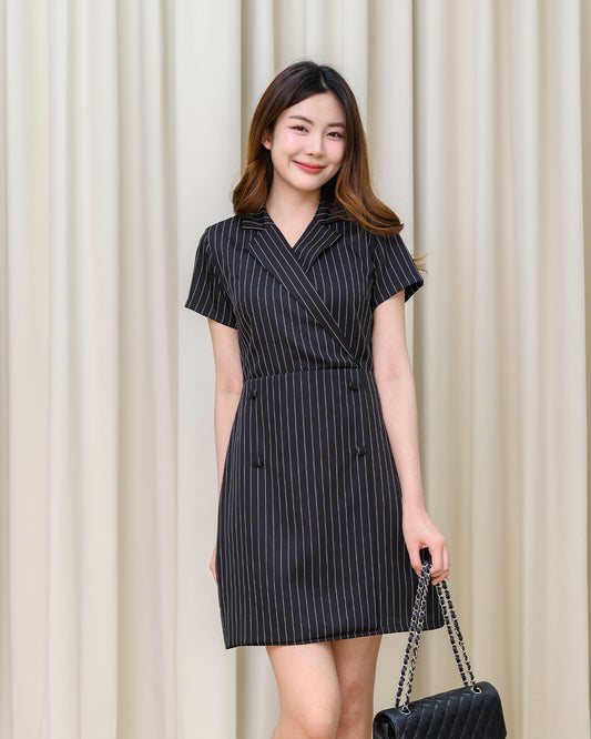 Tori Dress 間條西裝V領連身裙-  Black 黑色 (CB684)
