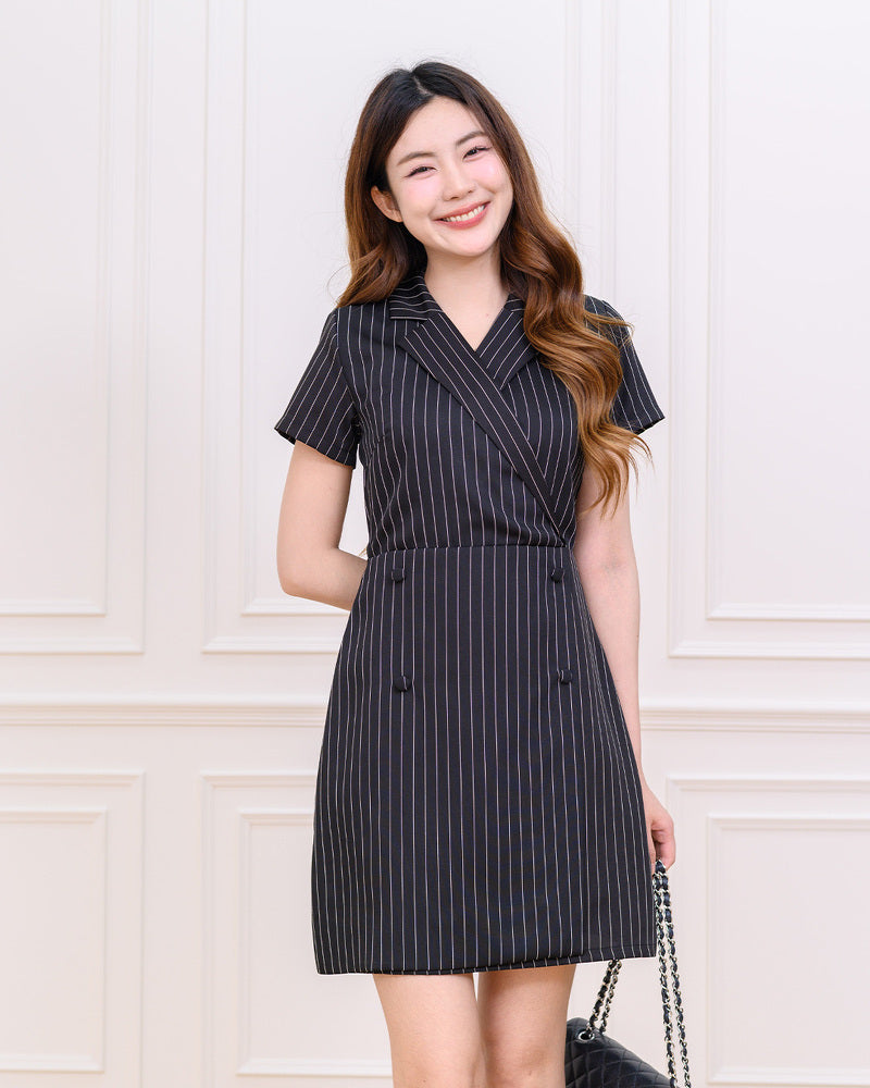 Tori Dress 間條西裝V領連身裙-  Black 黑色 (CB684)