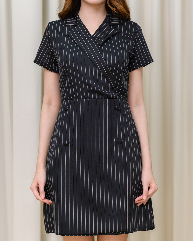 Tori Dress 間條西裝V領連身裙-  Black 黑色 (CB684)