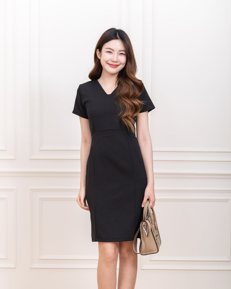 Mandy Dress V領修身腰帶拼款連身裙- Black 黑色(CB714,oversize)