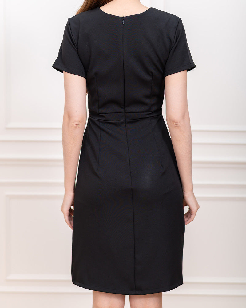 Mandy Dress V領修身腰帶拼款連身裙- Black 黑色(CB714,oversize)