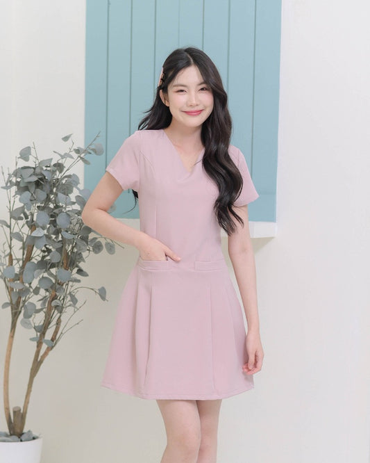 CB685 Barry Dress V領雙袋短袖百褶裙 - Pink 粉紅色