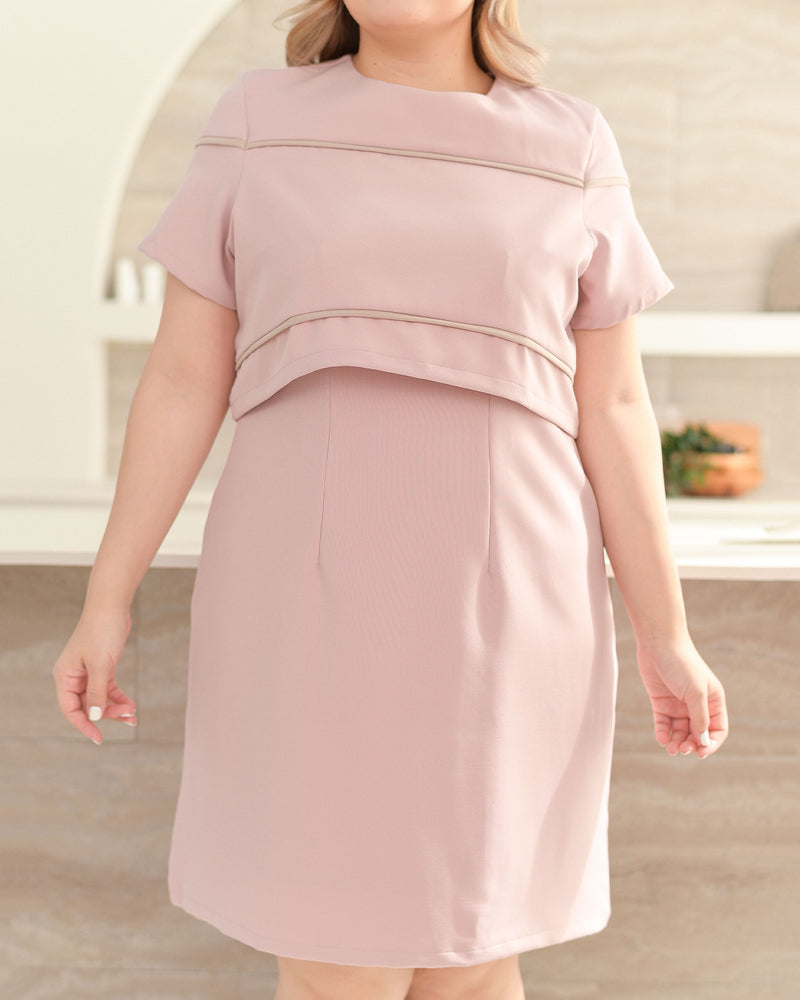 Sani Dress 圓領幼線拼色仿兩件連身裙 - Pink 粉紅色 (CB587 Oversize)