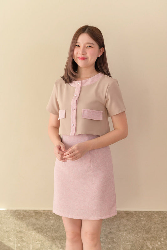 Finza Dress 圓領拼色假兩件外套短袖連身裙 - Pink 粉紅色 (CB597)