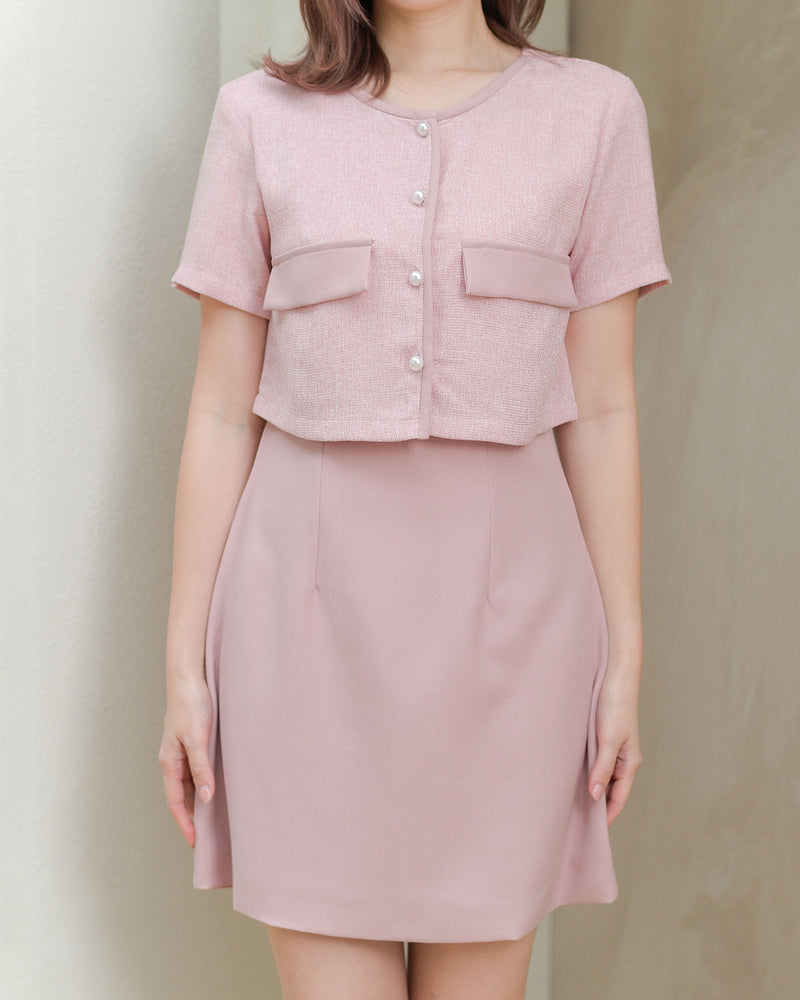 Zuzee Dress 小香風仿兩件外套A字連身裙 - Light Pink 粉紅色 (CB539)