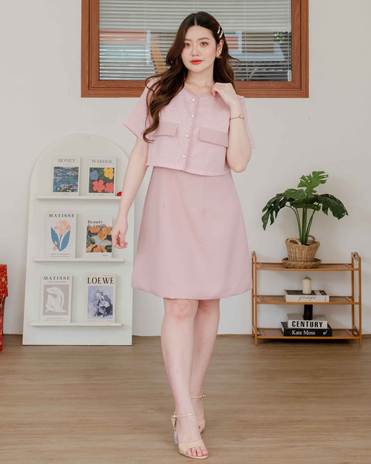 Zuzee Dress 小香風仿兩件外套A字連身裙 - Light Pink 粉紅色 (CB539 Oversize)