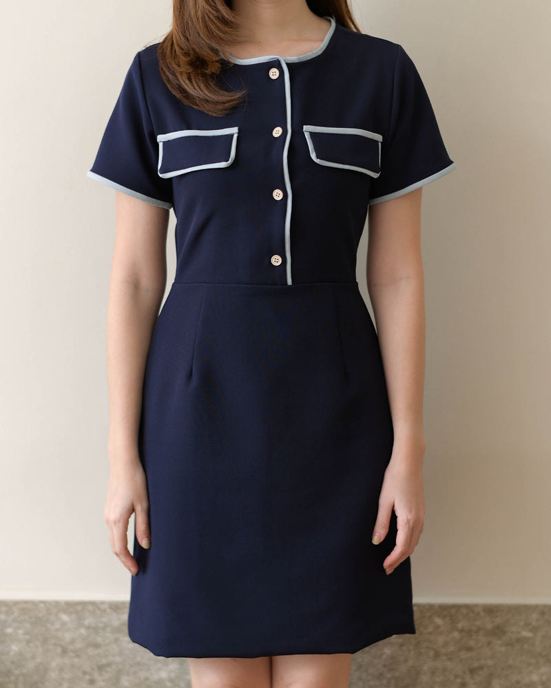 Purra Dress 圓領口袋仿兩件連身裙 - Navy 深藍色 (CB589)