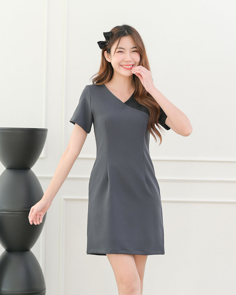 Sand Dress 兩色短袖拼接修腰連身裙 - Black Gray 黑灰色 (CB537)
