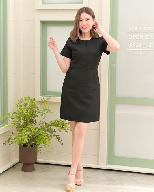 Two Pocket Cutting Dress 兩側袋口圓領設計連身裙 - Black 黑色 (CB538)