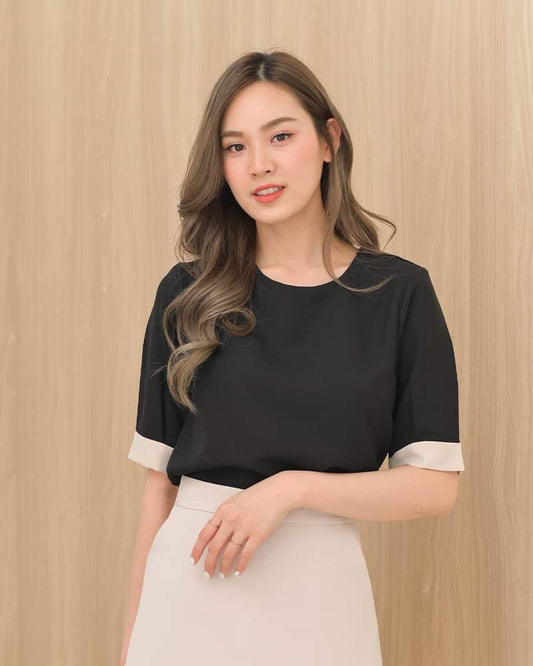 Pinny Top 拼色夏季短袖上衣 - 黑色 Black (CB578)